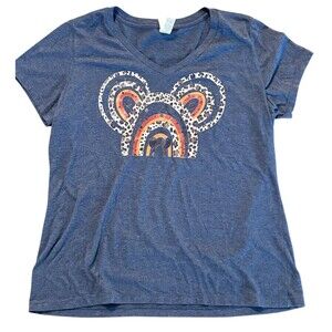 Disney Mickey Mouse Womens V Neck Blue T-shirt Size XL Leopard Animal Print